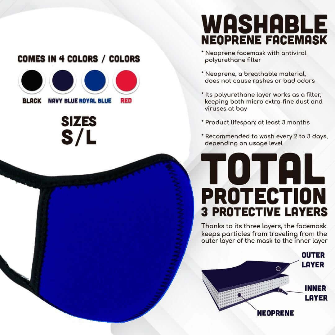 Royal Blue Neoprene Washable Face Mask With Antiviral Filter