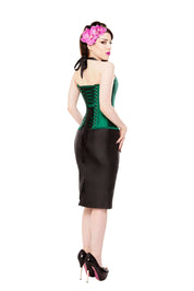 Green Silk Steel Boned Corset & Black Pencil Skirt, Bolero & Halters