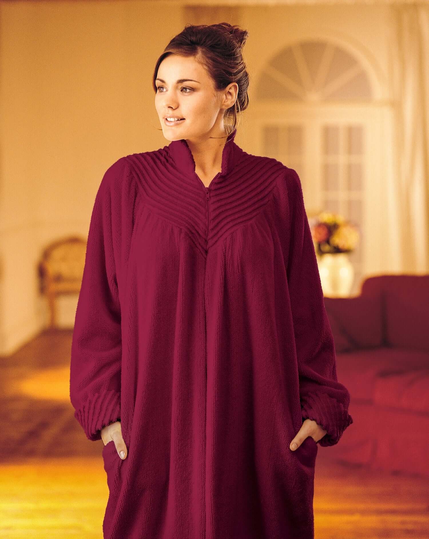 Soft Cotton Chenille Zip Dressing Gown In Loganberry