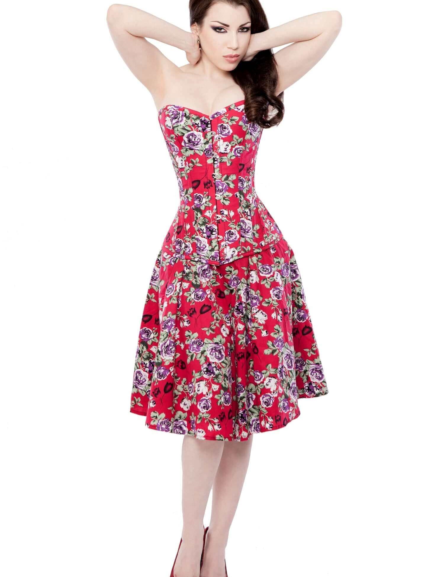 Red Floral Corset Dress With Long Corset