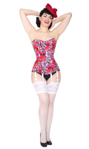 Playgirl Long Overbust Red Floral Steel Boned Corset