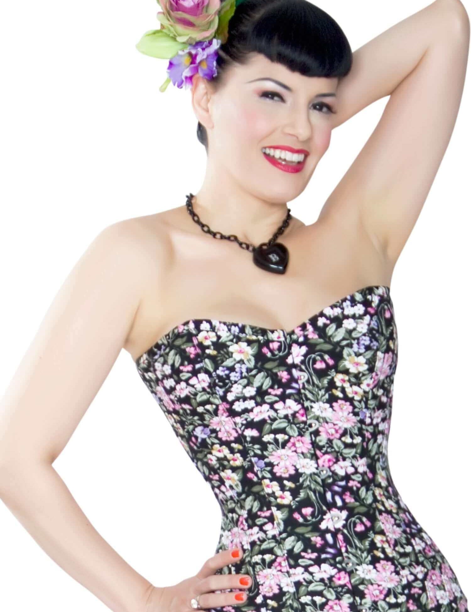 Playgirl Long Overbust Black Floral Steel Boned Corset