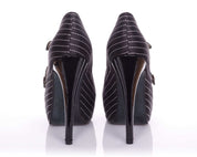 Playgirl Black & White Pinstripe Rounded Toe Platform Shoe In Satin