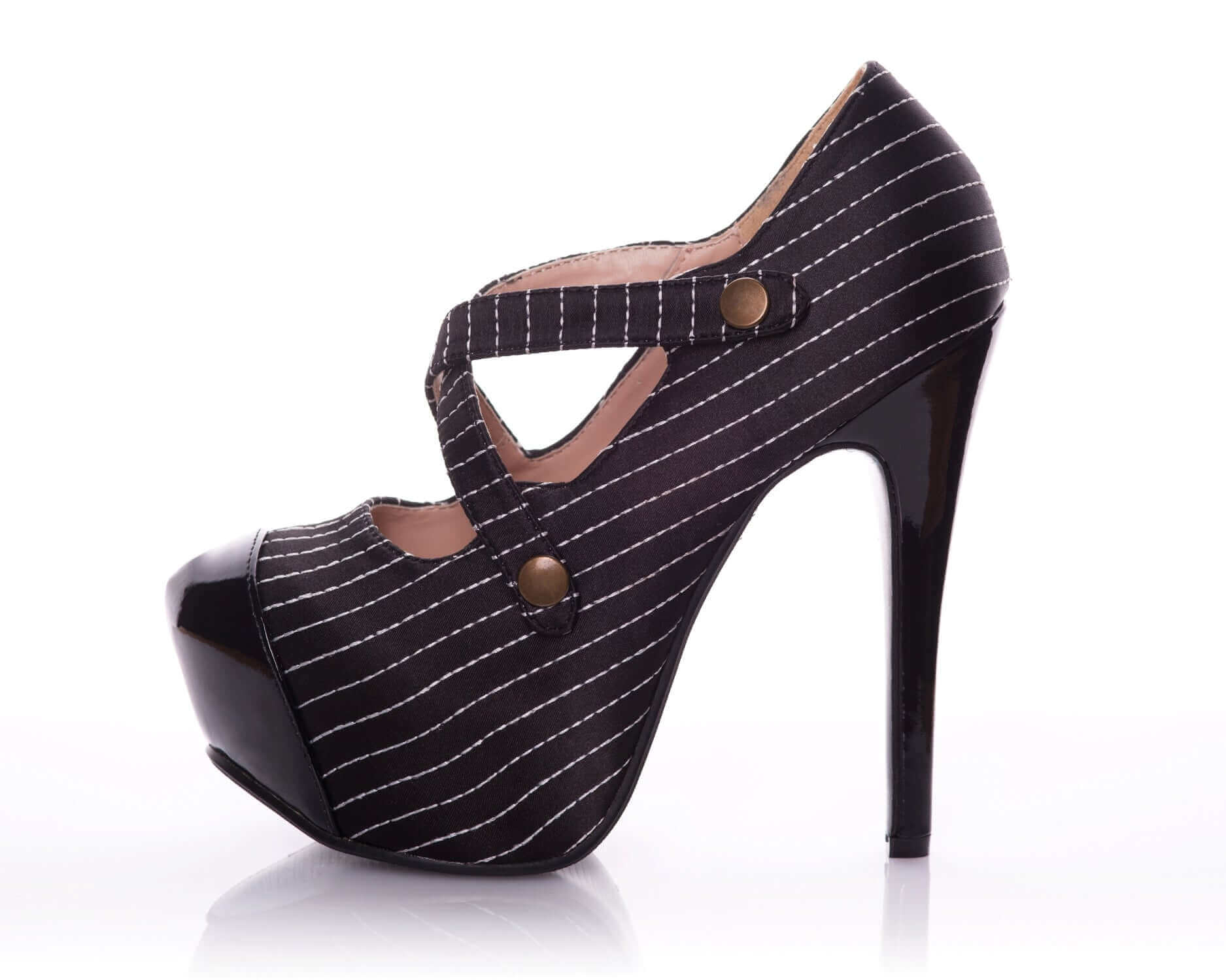 Playgirl Black & White Pinstripe Rounded Toe Platform Shoe In Satin