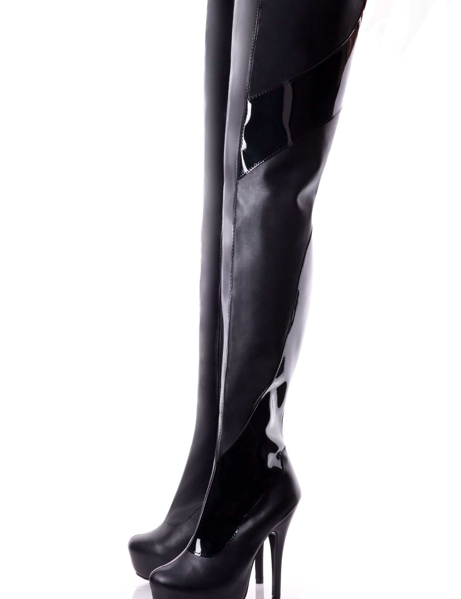 Playgirl Thigh High Black Matt Boots With Patent Detail