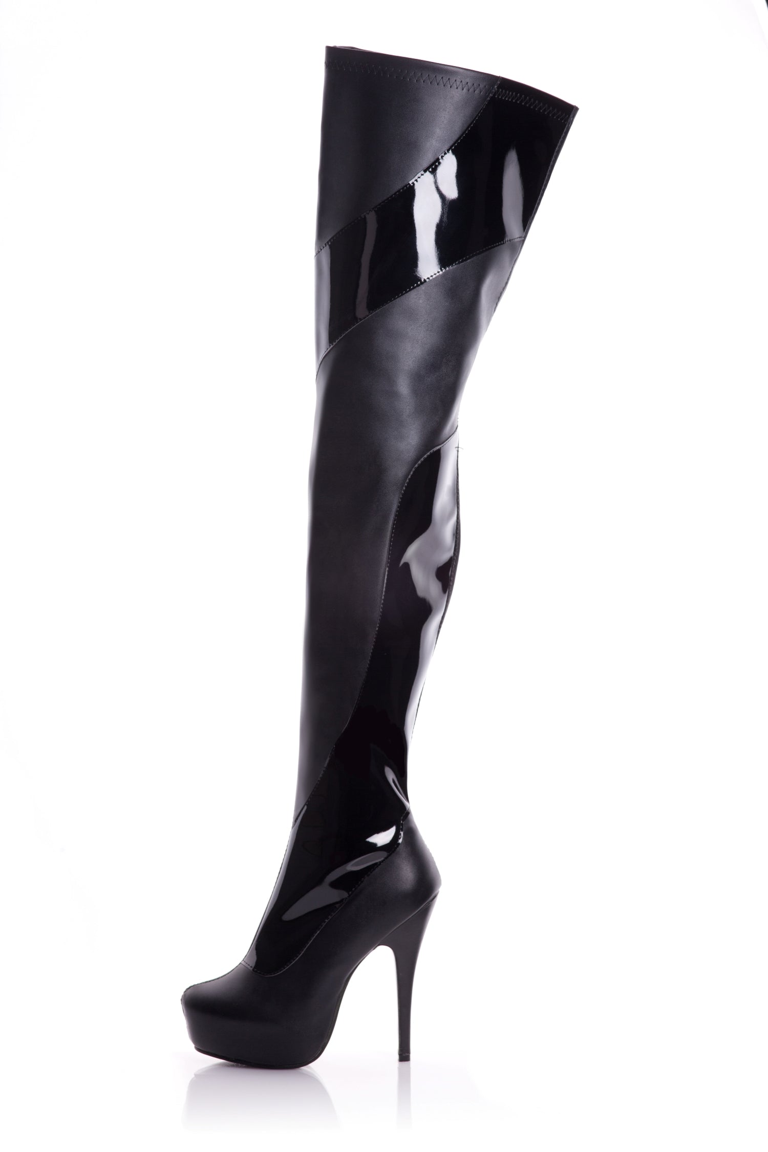 Playgirl Thigh High Black Matt Boots With Patent Detail